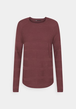 Bordó dlouhý rukáv svetr vyrobený z texturované pletené tkaniny. Má kulatý výstřih a zaoblený spodní lem s jemnými vzorovými variacemi.