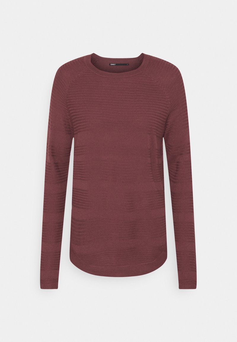 Viininpunainen pitkähihoinen pusero, valmistettu teksturoidusta neulekankaasta. Ominaisuuksiin kuuluu pyöreä pääntie ja pyöristetty helma, jossa on hienovaraisia kuviovariaatioita.