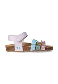 Børnesandaler med en lys lilla læderrem, multifarvede glitrende remme, korksål og justerbar velcro-lukning.