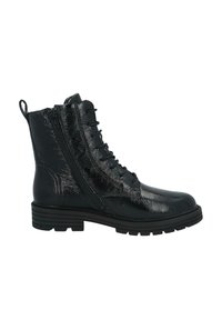 Shiny black leather ankle boot with lace-up front, side zipper, pull tab at heel, and thick rubber sole with tread pattern.