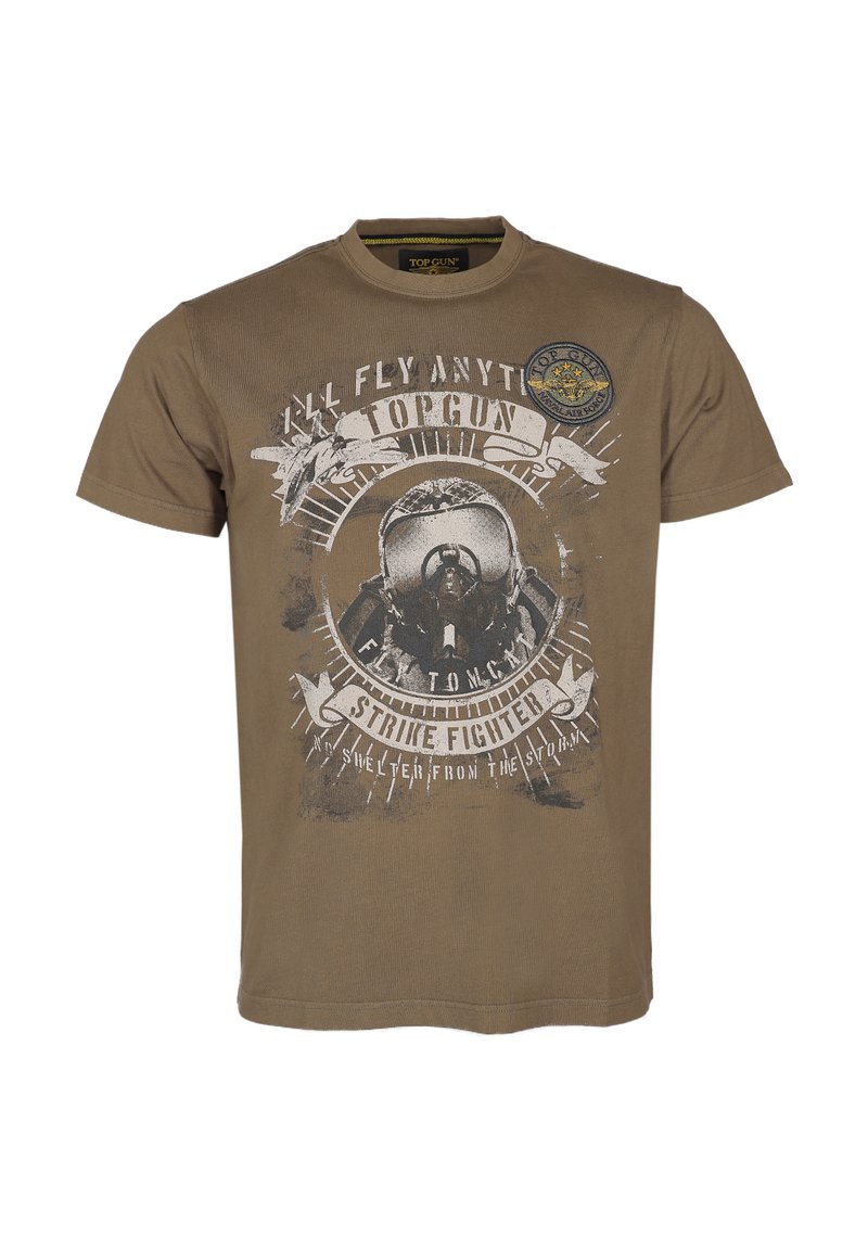 Olijfgroen katoenen t-shirt met een grafische print aan de voorkant van een pilotenhelm, vliegtuigmotieven en de tekst "TOP GUN" in wit en zwart.