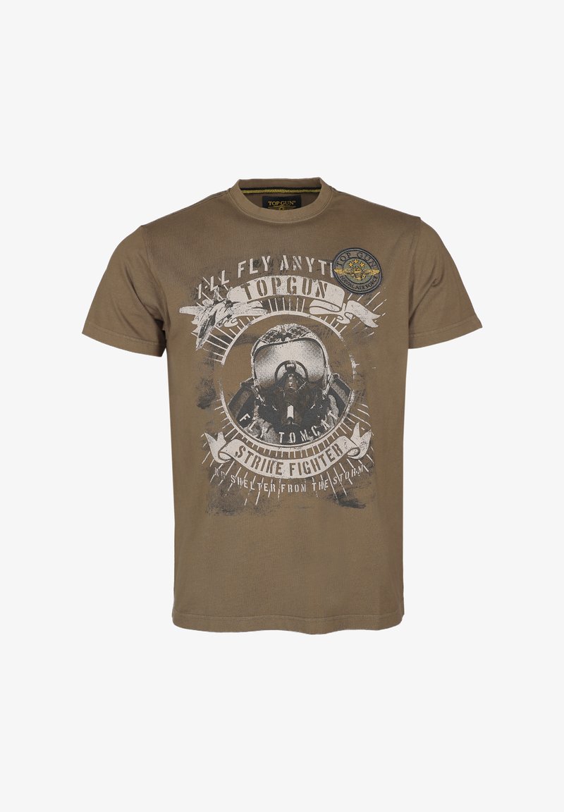 Olijfgroen katoenen t-shirt met een grafische print aan de voorkant van een pilotenhelm, vliegtuigmotieven en de tekst "TOP GUN" in wit en zwart.