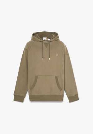 Olivgrüner Kapuzenpullover mit Kängurutasche, gerippten Bündchen und Saum. Verfügt über kontrastierende Nähte und ein kleines Logo auf der Brust.