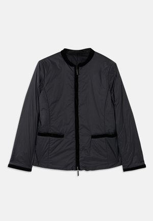 Black, lightweight jacket with a round collar, zippered front, and two side pockets. Features velvet accents along collar and pockets.