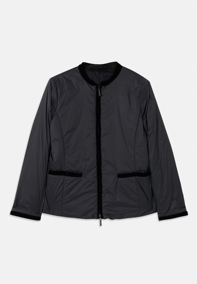 Black, lightweight jacket with a round collar, zippered front, and two side pockets. Features velvet accents along collar and pockets.