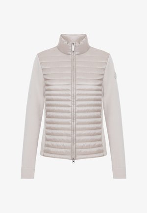 Light gray quilted jacket with full front zipper, ribbed long sleeves, and high collar, shown on a white background.