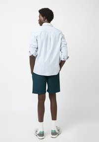 Chemise à manches longues rayée bleu clair et blanche, shorts verts foncés et baskets claires. La chemise a des détails de boutons et des manches retroussées.