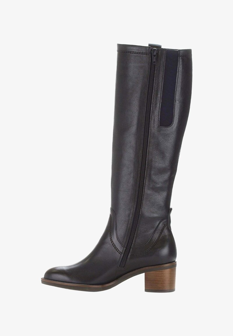 Zwarte leren laars tot over de knie met zijrits, elastisch paneel, ronde neus en gestapelde houten blokhak.