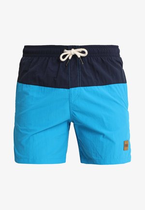 Șorturi de baie albastre cu un brâu navy, șnur elastic, textură netedă și un accent de etichetă maronie pe partea dreaptă.