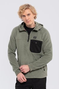 Pullover in pile verde oliva con tasca sul petto nera, chiusura con zip e cappuccio regolabile. Presenta una texture morbida e polsini elasticizzati.