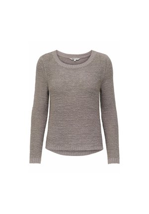 Licht taupe gebreide trui met lange mouwen, ronde halslijn, ribbelboorden en onderkant. Geverfde textuurpatroon door de stof.