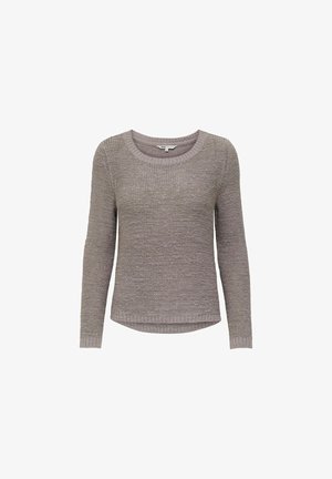 Svetlý taupe pletený sveter s dlhými rukávmi, okrúhlym výstrihom, rebrovanými manžetami a lemom. Textúrovaný vzor po celom materiáli.