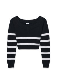 Maglione nero corto con maniche lunghe, caratterizzato da strisce orizzontali bianche e una scollatura a V ampia. Texture con polsini e orlo a costine.