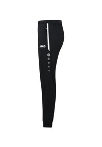 Schwarze Sporthose aus atmungsaktivem Material. Mit weißem Kordelzug, Seitentaschen und Knopf-Akzenten entlang des linken Beins. Logo angezeigt.