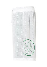 Witte mesh shorts met zijzakken, een elastische tailleband en groene logo-afbeelding. Beschikt over een ademend ontwerp en losse pasvorm voor comfort.