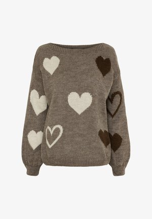 Brun sweater med en afslappet pasform, prydet med hjerter i forskellige størrelser i hvid og chokoladebrun. Fremstillet af blødt strikmateriale med ribkant ved hals og ærmer.