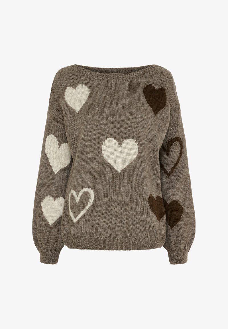 Brun sweater med en afslappet pasform, prydet med hjerter i forskellige størrelser i hvid og chokoladebrun. Fremstillet af blødt strikmateriale med ribkant ved hals og ærmer.