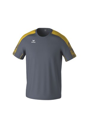 Grijs sport T-shirt met gele accenten op de schouders, ronde halslijn, korte mouwen en een gladde textuur met logo-detail op de borst.