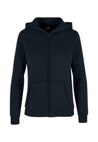Felpa con zip color blu navy realizzata in morbido tessuto misto cotone. Presenta una tasca frontale, cappuccio con cordoncino e polsini a coste. Design semplice.