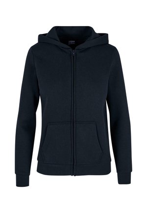 Marinblå zip-up hoodie tillverkad av mjuk bomullsblandning. Har en framficka, dragsko på huvan och ribbade ärmslut. Enkelt design.