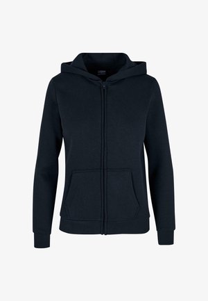 Mornarsko modra zip-up kapuca iz mešanice mehkega bombaža. Ima sprednji žep, kapuco na vrvico in rebraste manšete. Preprost dizajn.