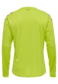 Mouwlange sportshirt in fel limoen groen, met een ronde halslijn en scherpe, lichte stof. Zwarte accenten bij de schoudernaden.