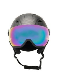 Sort kulfiber ski hjelm med en farverig spejlvendt visir, justerbare stropper og ventilationshuller. Glat overflade, rundet design.