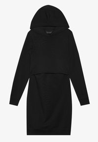 Robe pull noire avec capuche, manches longues et design cropped. Fabriquée en tissu doux avec une texture lisse et des poignets côtelés.