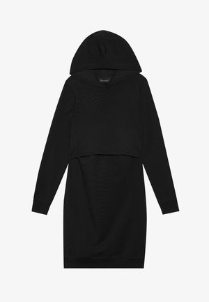 Vestido pullover preto com capuz, mangas longas e design cropped. Feito de tecido macio com uma textura suave e punhos canelados.