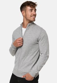 Suéter gris con cremallera, hecho de un material suave y de punto, con puños y cuello acanalados. Presenta una cremallera frontal completa y un ajuste clásico.