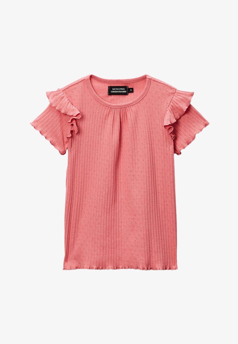 Haut court à manches courtes en maille côtelée rose avec petits pois, détails à volants sur les manches et encolure ronde, taille 6.