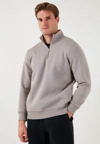 Sudadera de cuello alto color gris claro con media cremallera, hecha de un tejido suave y texturizado, con puños y dobladillo acanalados, que presenta un corte holgado.