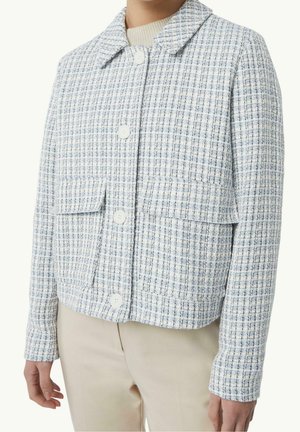 Kvinde iført en lyseblå og hvidternet knapjakke med forlommer og beige bukser.