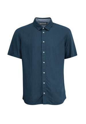 Short-sleeve button-up shirt in dark navy blue, made of lightweight fabric. Features a collar and six front buttons, with a curved hem.