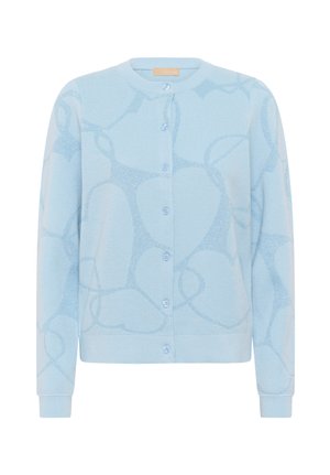 Hellblauer Cardigan aus strukturiertem Material mit einem subtilen Muster. Er hat einen Rundhalsausschnitt und eine knopfzusammengeregte Vorderseite mit passenden Knöpfen.