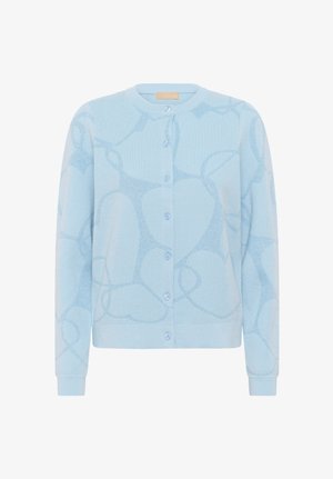 Light blue cardigan made of textured material featuring a subtle pattern. It has a round neckline and buttoned front with matching buttons.