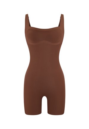 Body sculptant marron sans couture en une seule pièce avec larges bretelles et jambes jusqu'aux cuisses.