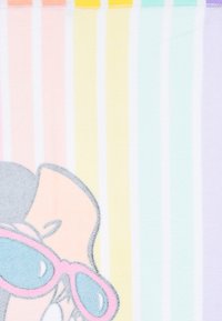Towel featuring horizontal pastel stripes in pink, yellow, mint, and lavender. Character graphic with gray hair and pink sunglasses. Soft texture.