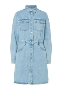Light blue denim dress with long sleeves, collar, two chest pockets, and a belted waist; features button closure along the front.