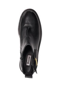 Black leather ankle boot with a rounded toe, side zip closure, and a small gold accent on the zipper. Smooth texture and stitched detailing.