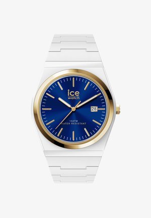 Bijeli ručni sat sa zlatnim okvirom, plavim brojčanikom koji pokazuje 10:10:38, zlatnim oznakama sati, prikazom datuma i oznakom „ice watch“.