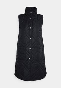 Schwarze gesteppte ärmellose Weste mit hohem Kragen, ausgestattet mit Druckknöpfen, zwei Vorderentaschen und einer leichten, glatten Textur.