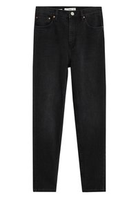 Jean noir slim à taille haute avec fermeture à boutons et zip à l'avant, cinq poches, et détails en rivets de cuivre.