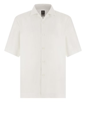 Camicia a maniche corte, con bottoni, in lino bianco. Presenta un colletto classico, sei bottoni sul davanti e una vestibilità rilassata. Tessuto liscio.