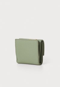 Green leather wallet, compact folded design with a textured surface, featuring a gold zipper and neatly stitched edges.