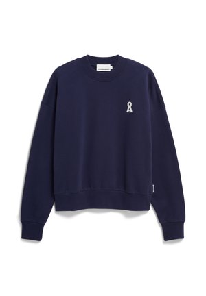 Navyblauwe pullover sweatshirt van zacht materiaal, met een cropped design, geribde manchetten en een lichtgrijze bewustwordingslintlogo.