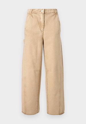 Beige laiused püksid nuppude kinnitusega, kahe küljetaskuga, kerge kulumise ja fridetud servadega. Valmistatud pehmest, tekstureeritud kangast.