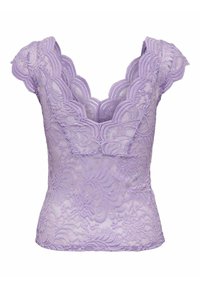 Top in pizzo lavanda con scollatura a scallop e maniche a cappuccio, adornato da un intricato motivo floreale sull'intero tessuto.