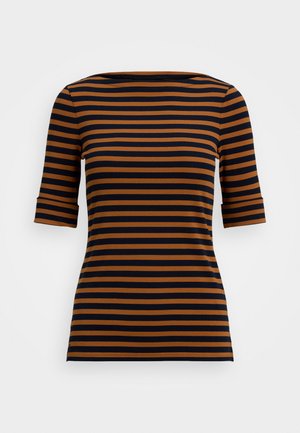 Gestreept shirt in marineblauw en bruin, met een ronde halslijn en driekwartmouwen. Gemaakt van een soepele, flexibele stof met een getailleerd ontwerp.