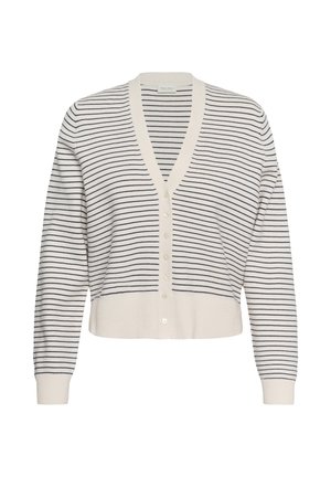 Cardigan blanc court à rayures horizontales noires, col en V, manches longues et fermeture à boutons sur le devant.